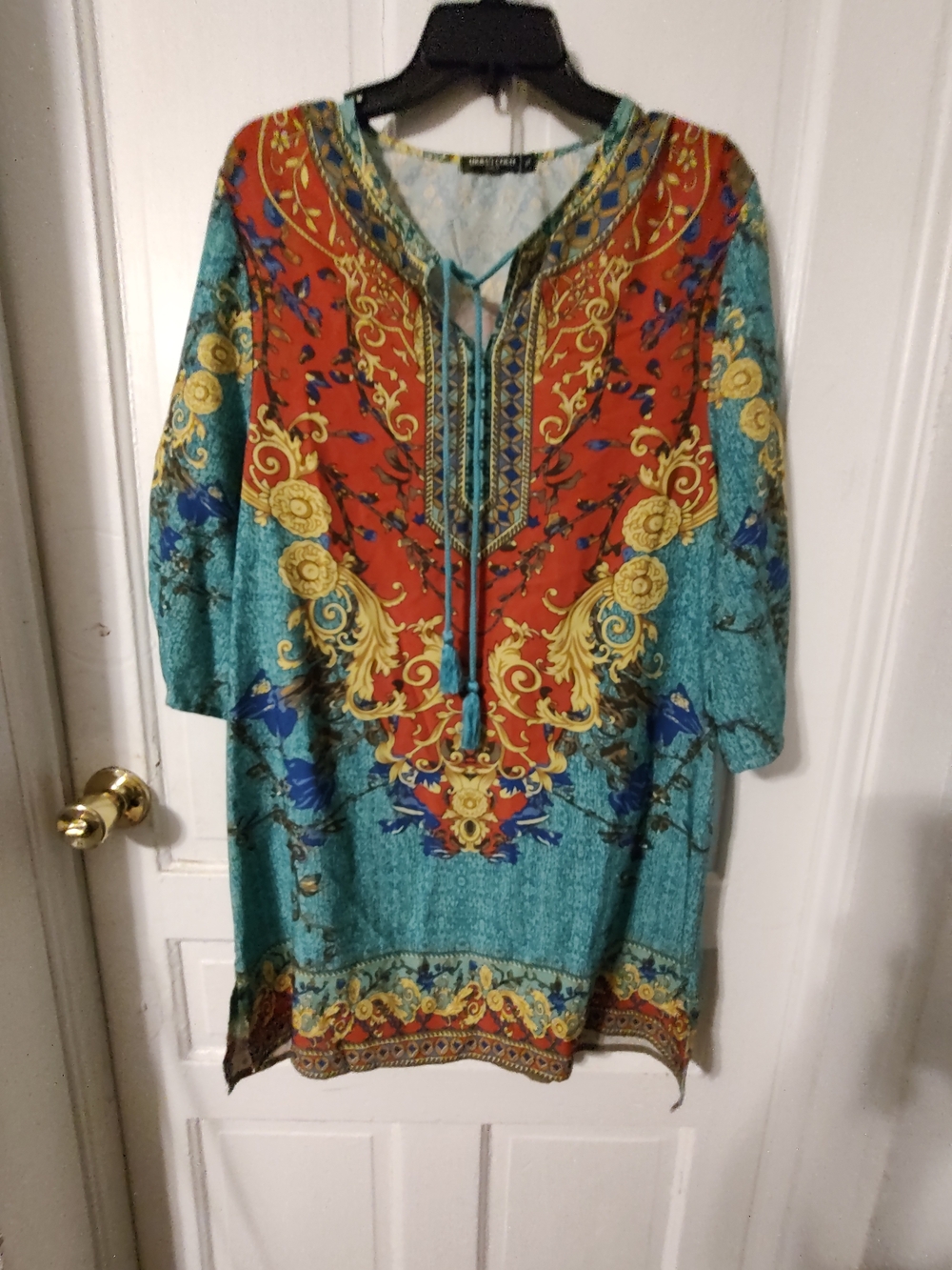 Bohemian Teal and Red Printed V-Neck Tunic Dress